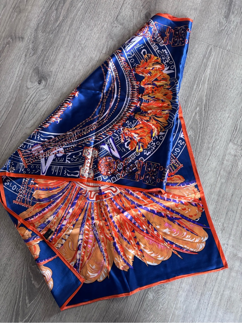 Silk Navy and Orange Printed Scarf